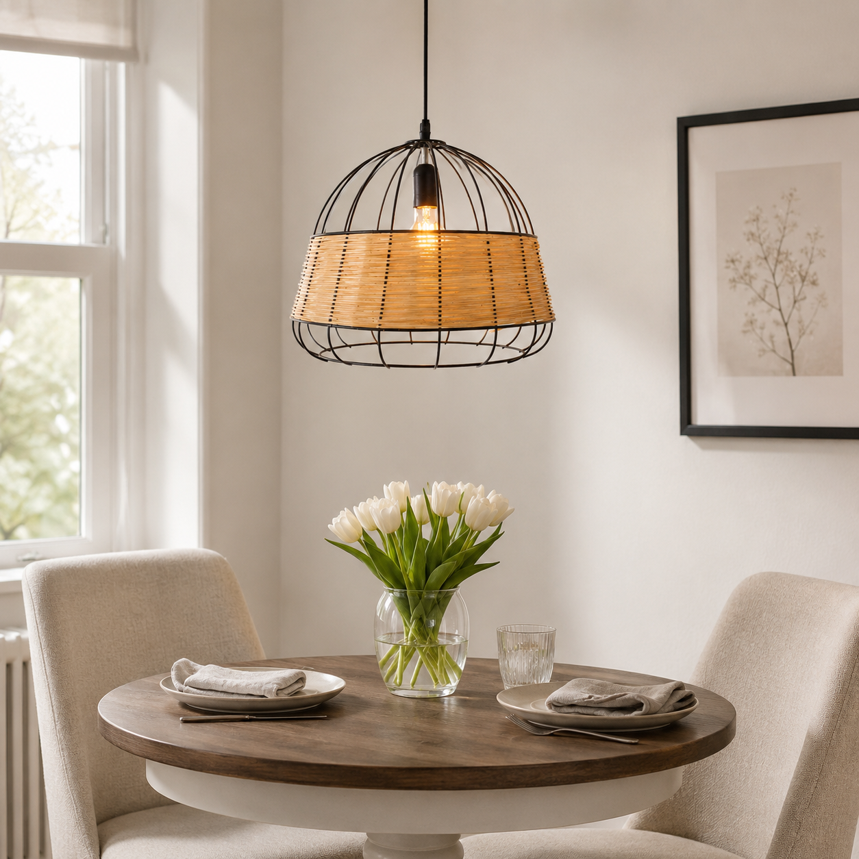 rattan iron pendant light above a bright dining table