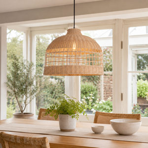 Rattan dome ceiling light in a sunlit kitchen nook