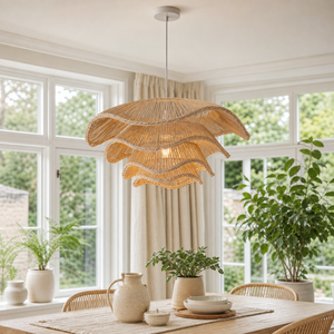 Petal-shaped rattan pendant in a sunlit dining nook