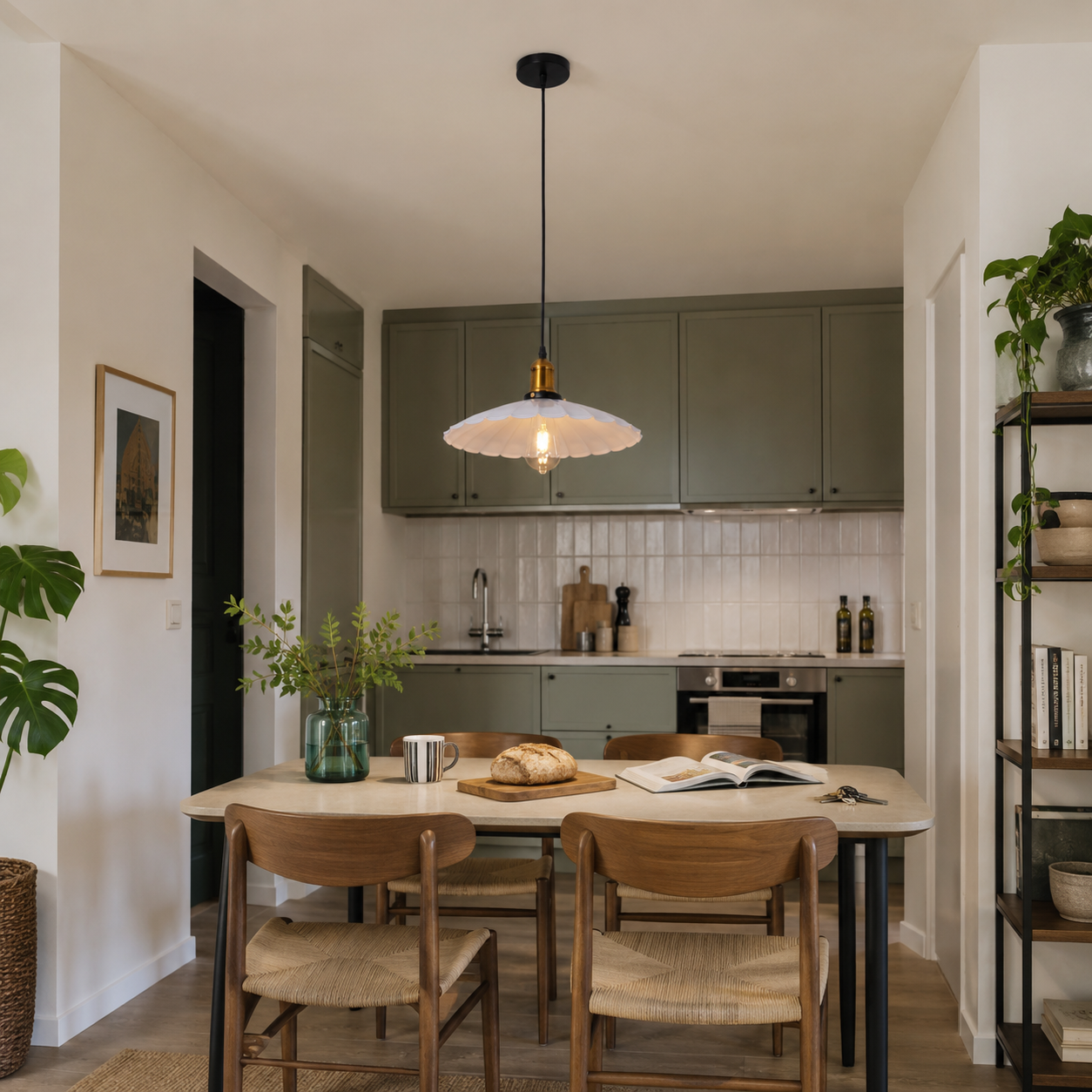 white iron pendant light above a kitchen dining table