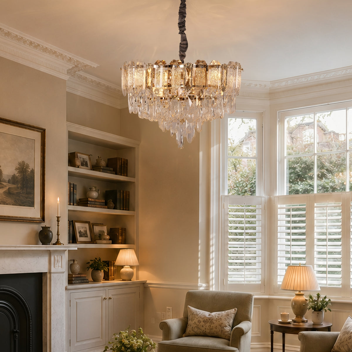 arvia-elegant crystal-accented champagne gold pendant light beside a bright window