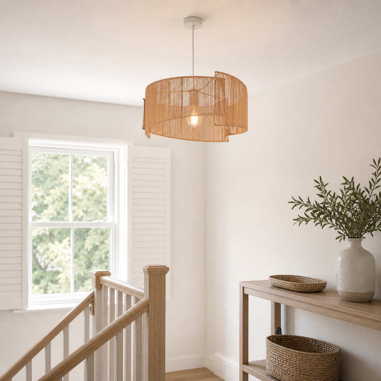 paper rope pendant light above a bright dining table