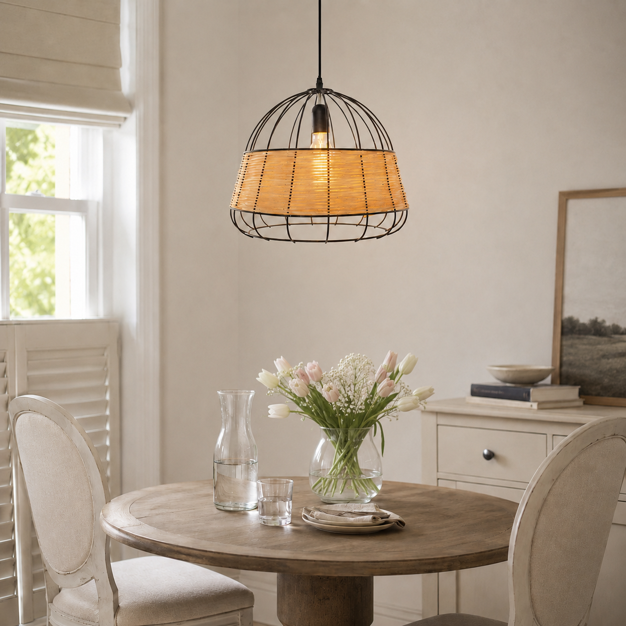 rattan iron pendant light in a sunlit breakfast nook