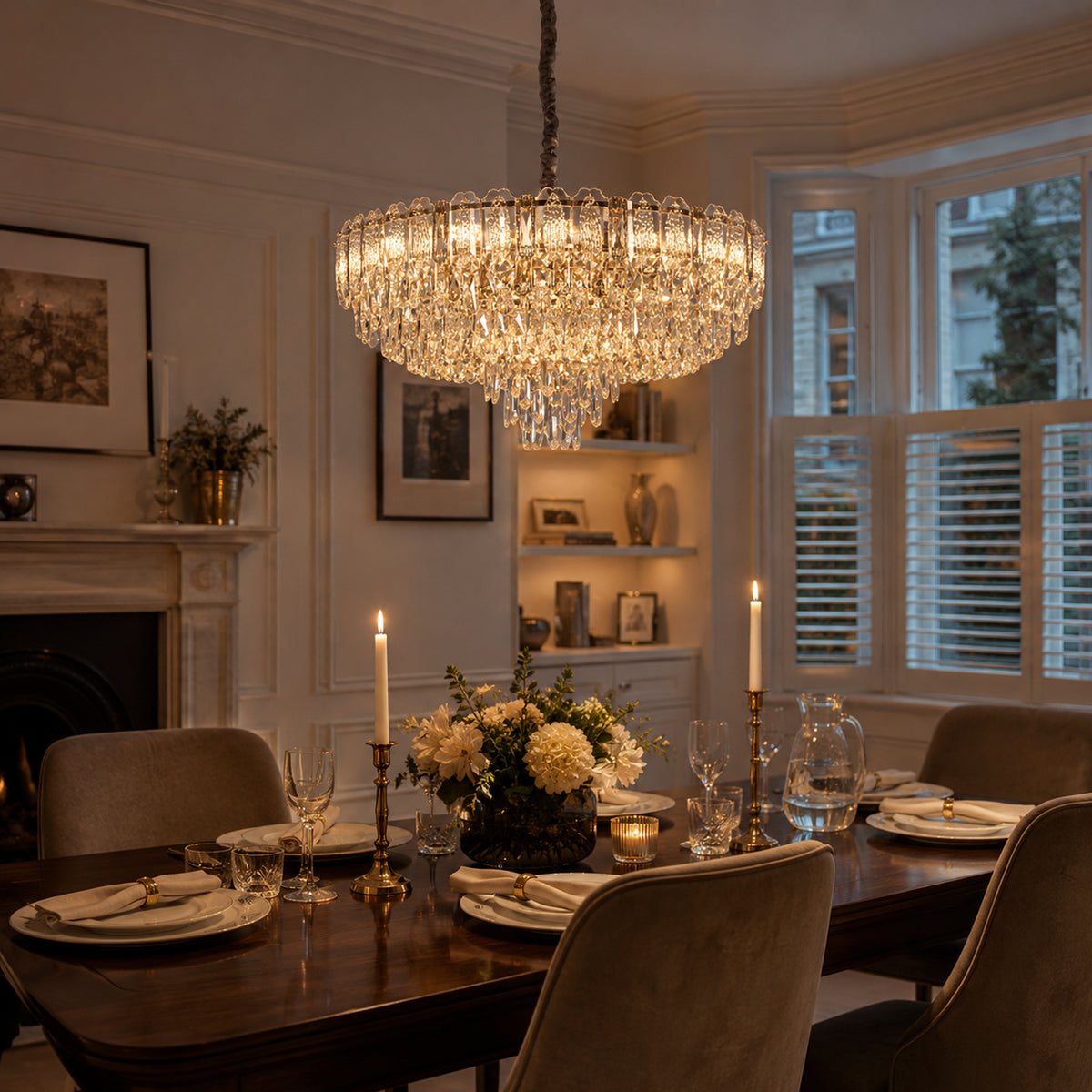 arvia-elegant crystal-accented champagne gold pendant light over a warm kitchen counter