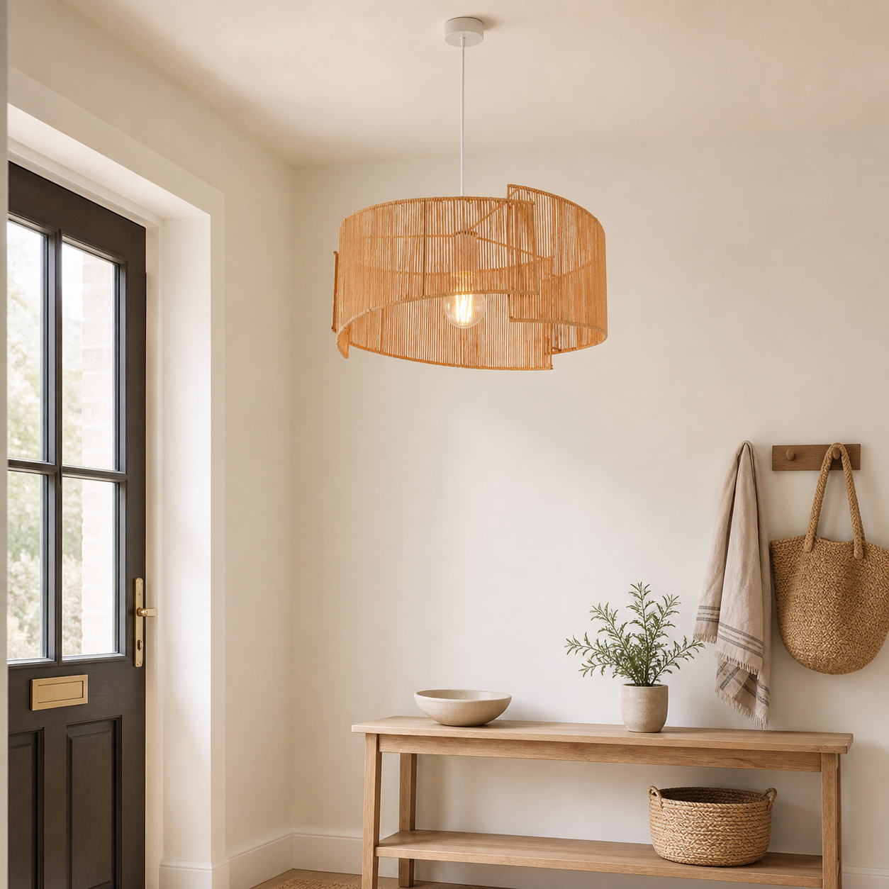 paper rope pendant light beside a bright window