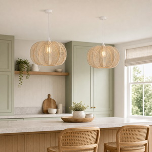 rattan pendant light over a warm kitchen counter