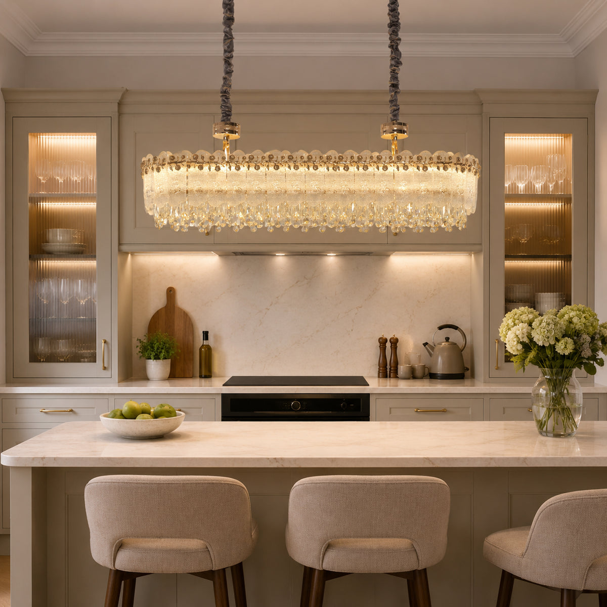 oval pendant light over a warm kitchen counter