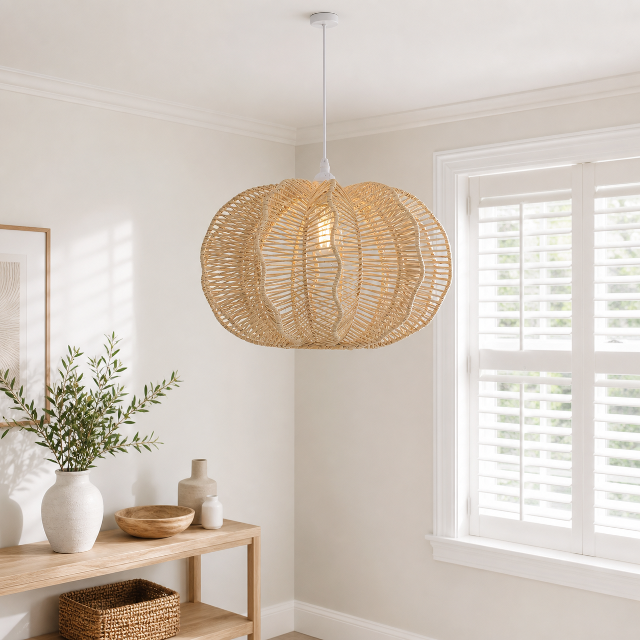 rattan pendant light in a sunlit breakfast nook