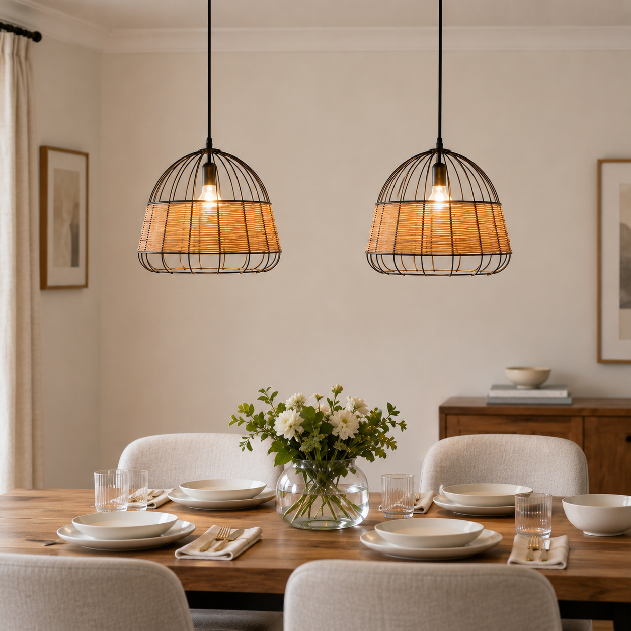 rattan iron pendant light beside a bright window