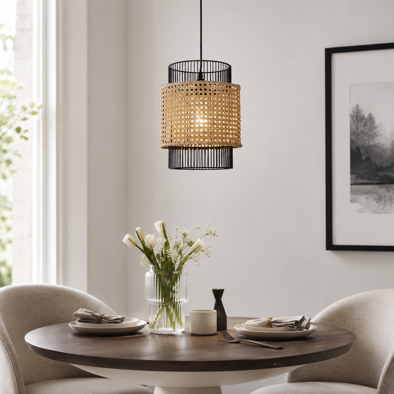 black rattan pendant light above a bright dining table