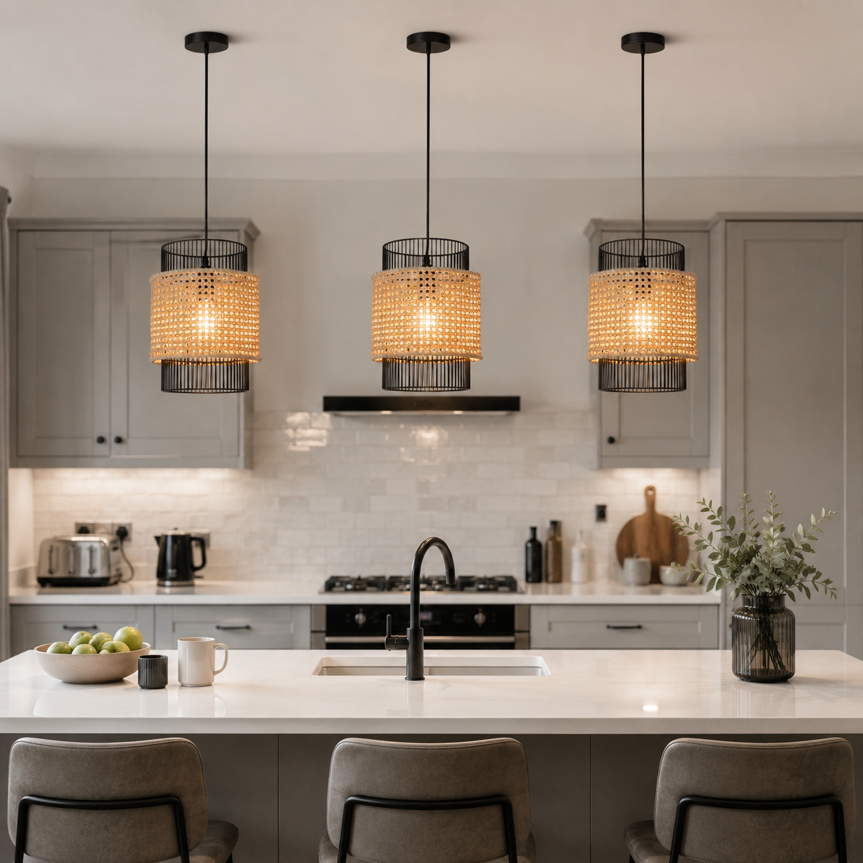 black rattan pendant light over a warm kitchen counter