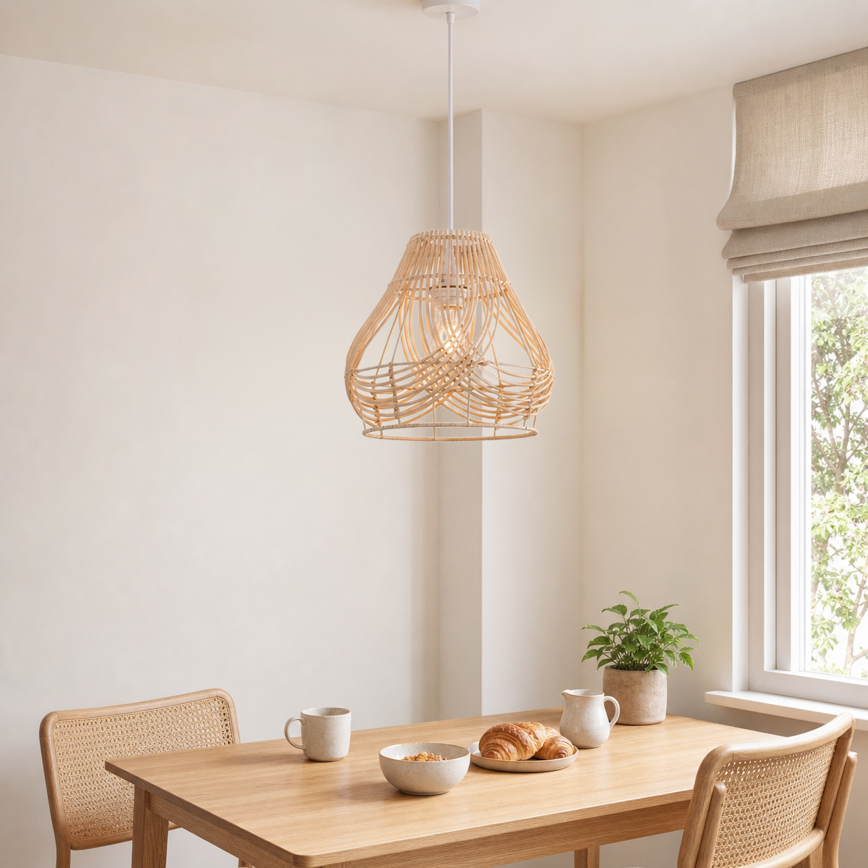 rattan pendant light in a sunlit breakfast nook