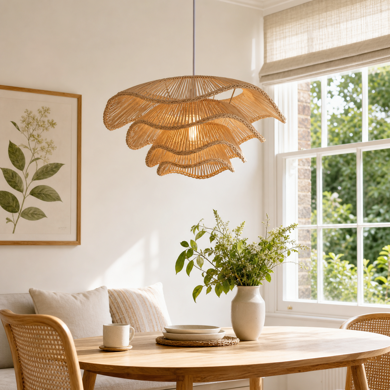Multi-tiered rattan pendant above a cozy round dining table