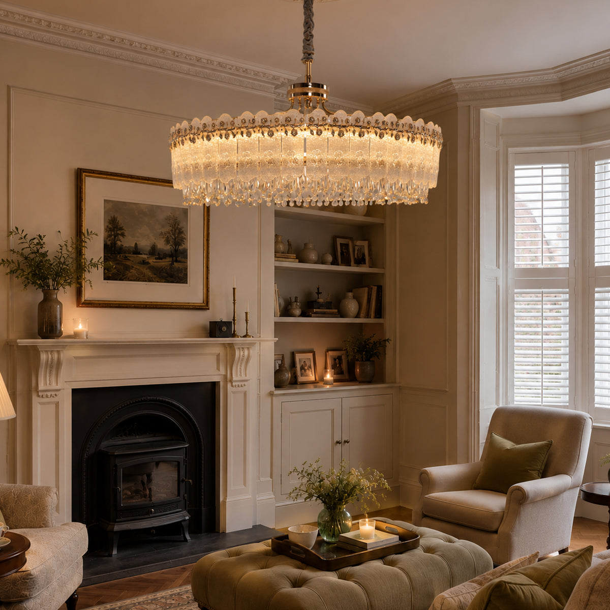 oval pendant light over a warm kitchen counter