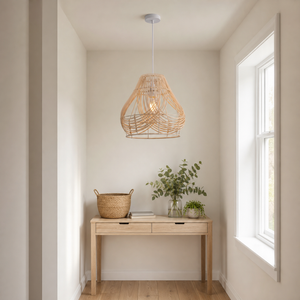 rattan pendant light over a warm kitchen counter