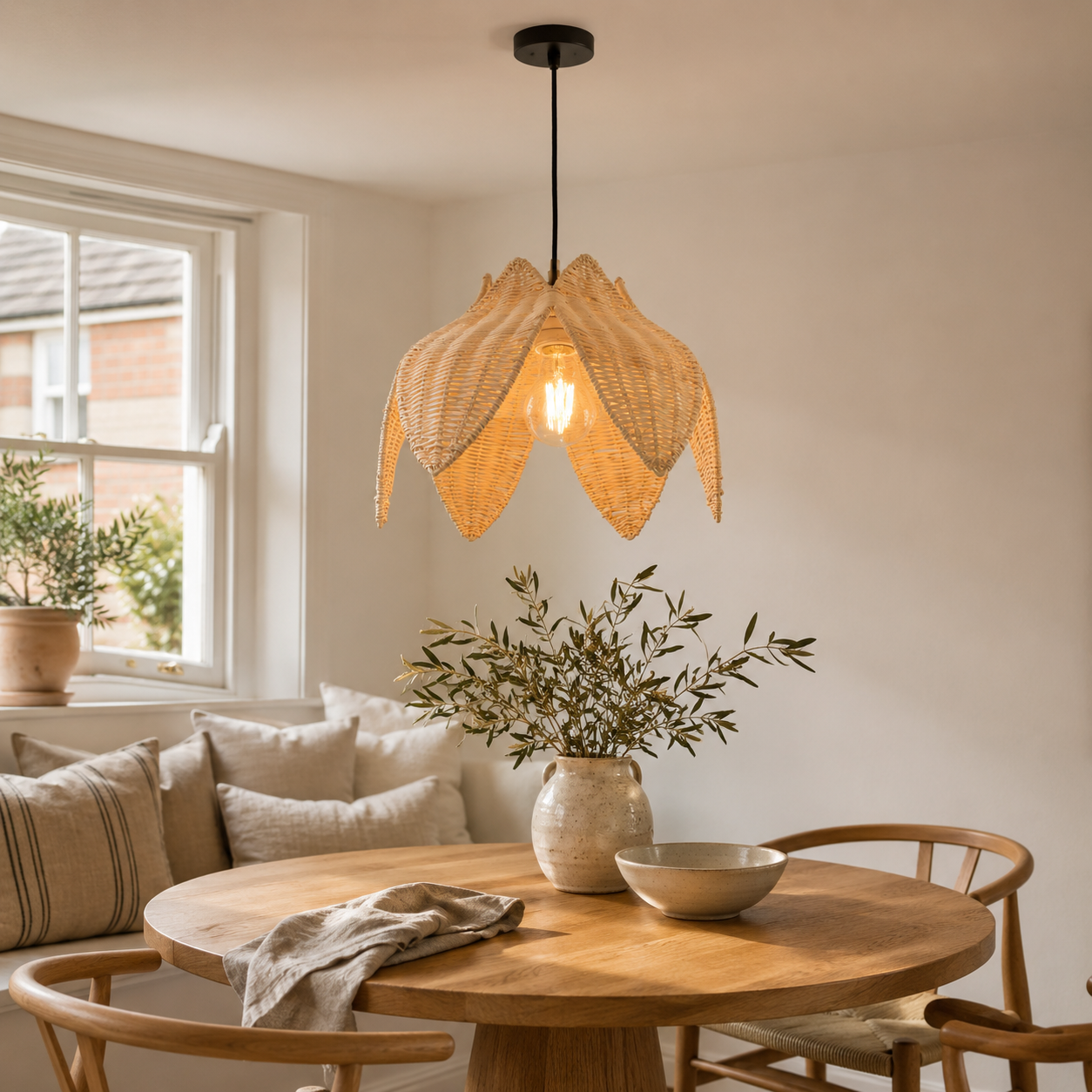rattan pendant light above a bright dining table
