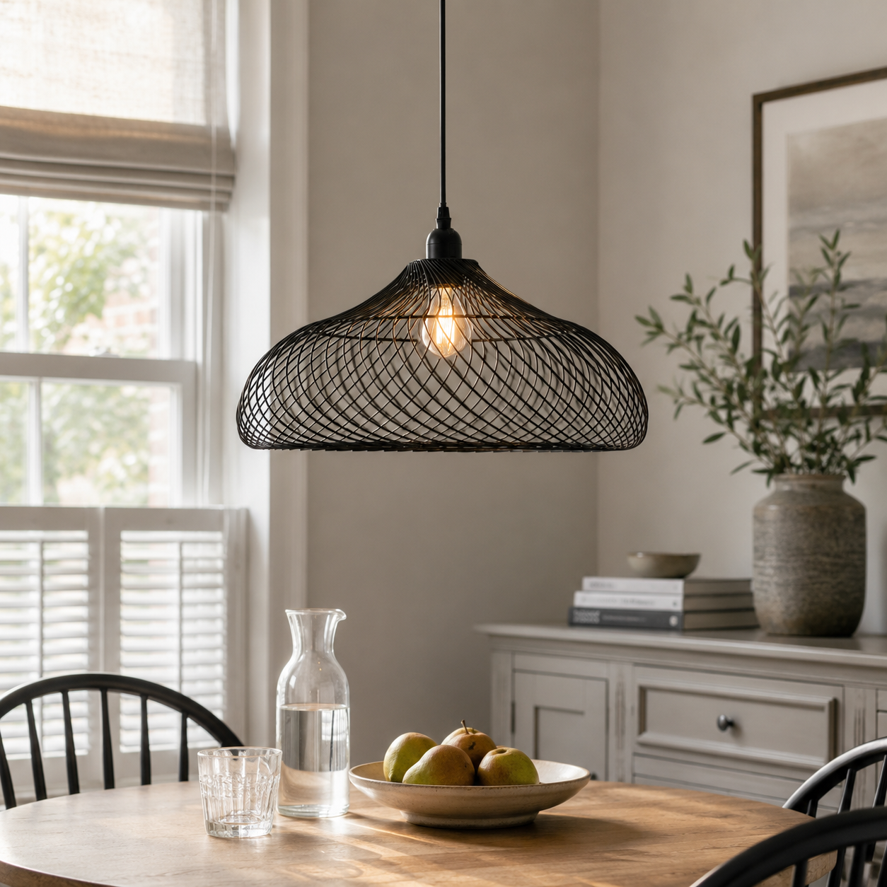 black iron pendant light over a warm kitchen counter