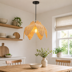 rattan pendant light over a warm kitchen counter