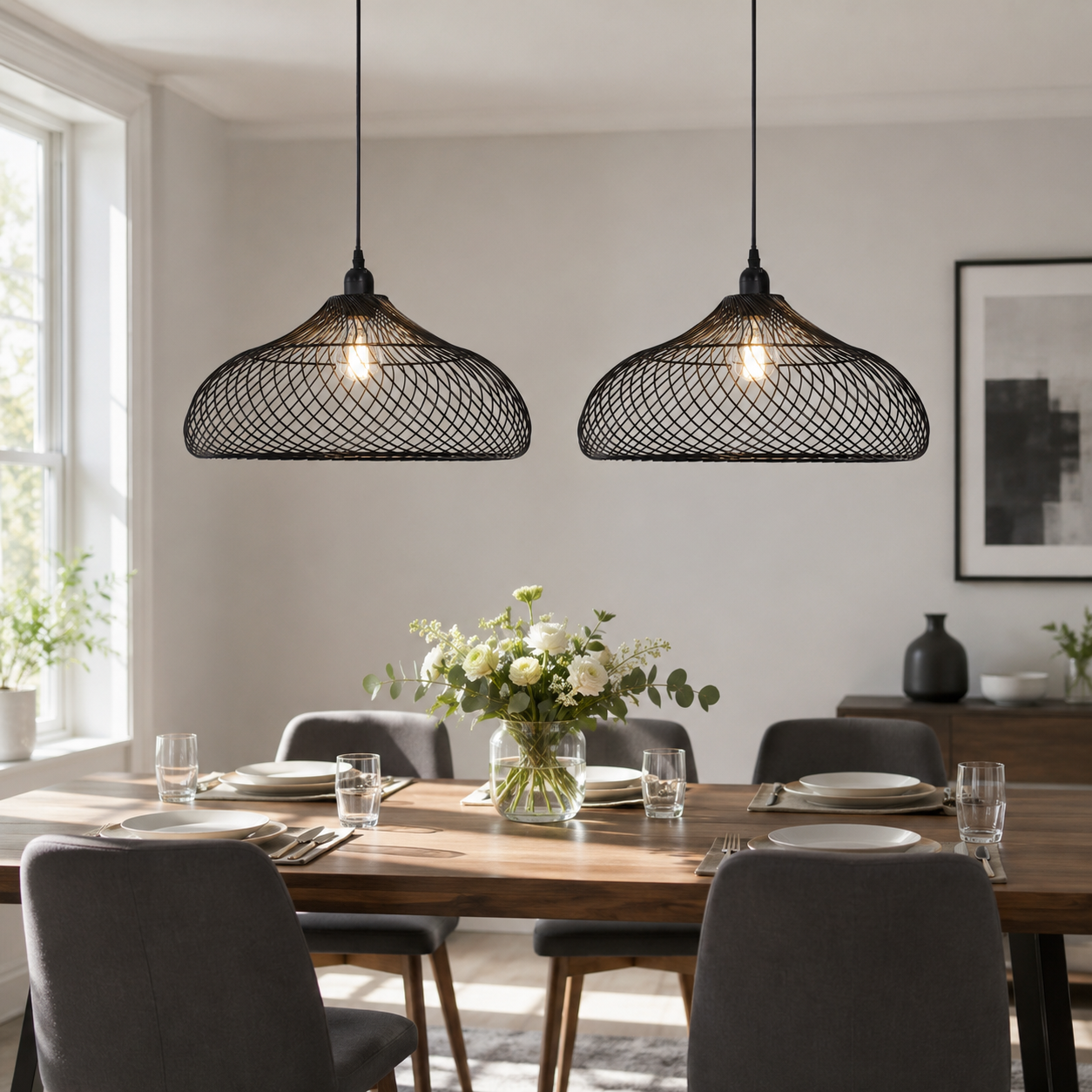 black iron pendant light in a sunlit breakfast nook