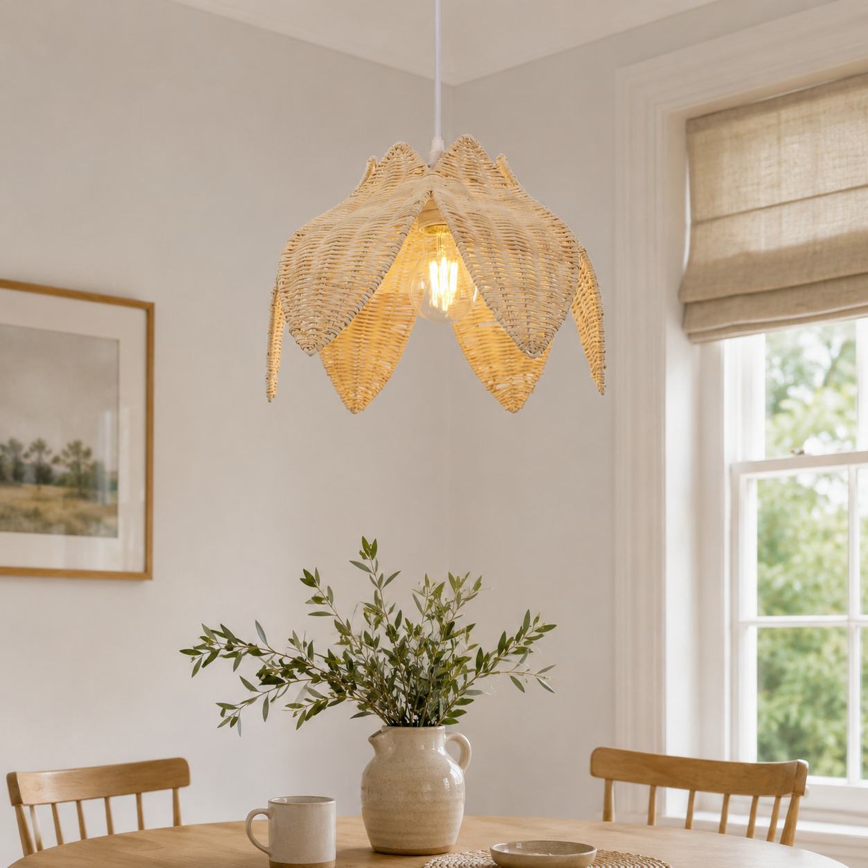 rattan pendant light in a sunlit breakfast nook