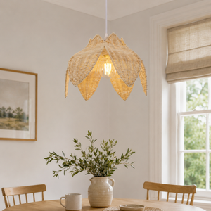 rattan pendant light in a sunlit breakfast nook