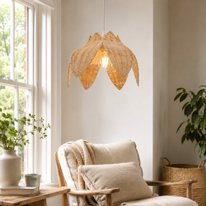 rattan pendant light beside a bright window