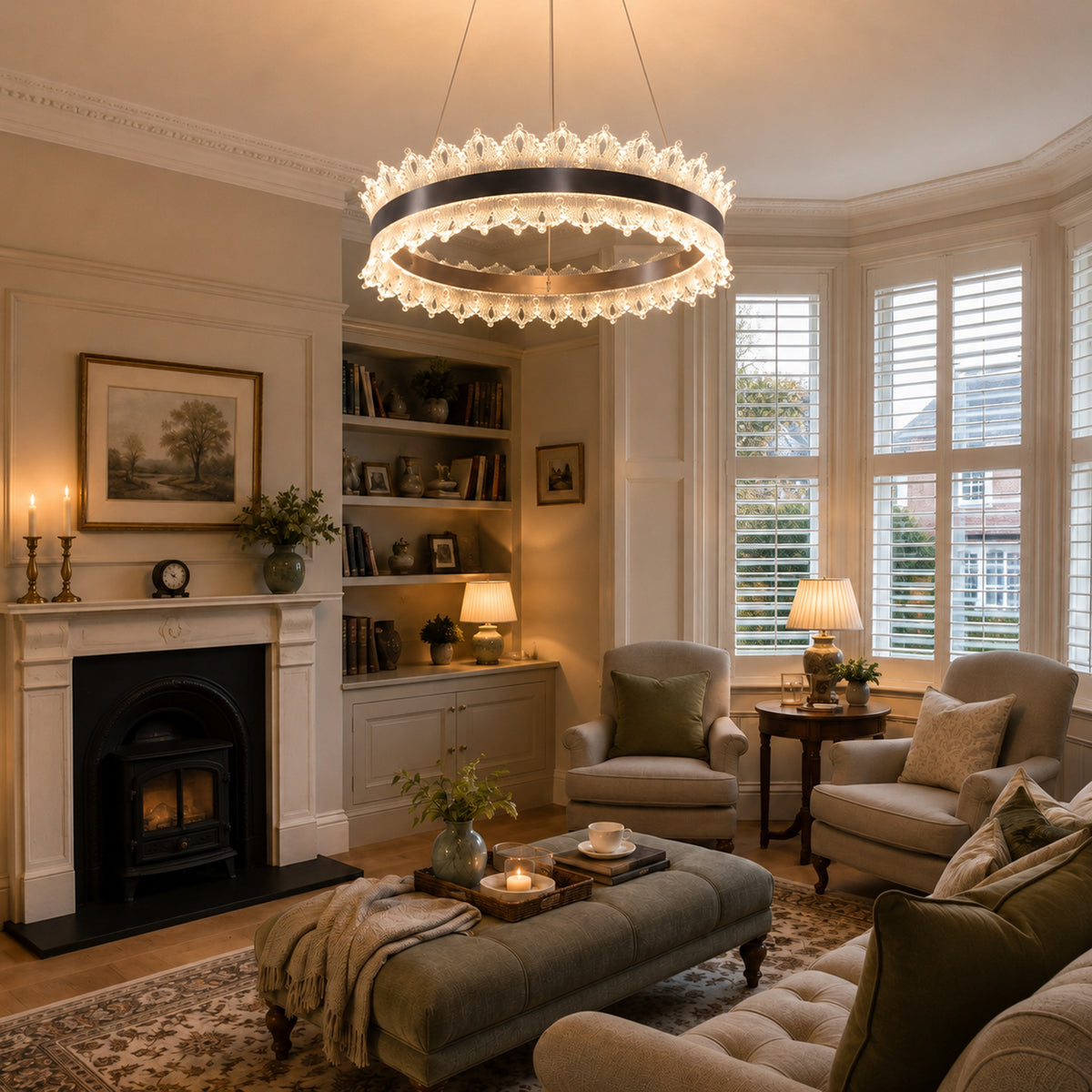 metal ring pendant light in a sunlit breakfast nook
