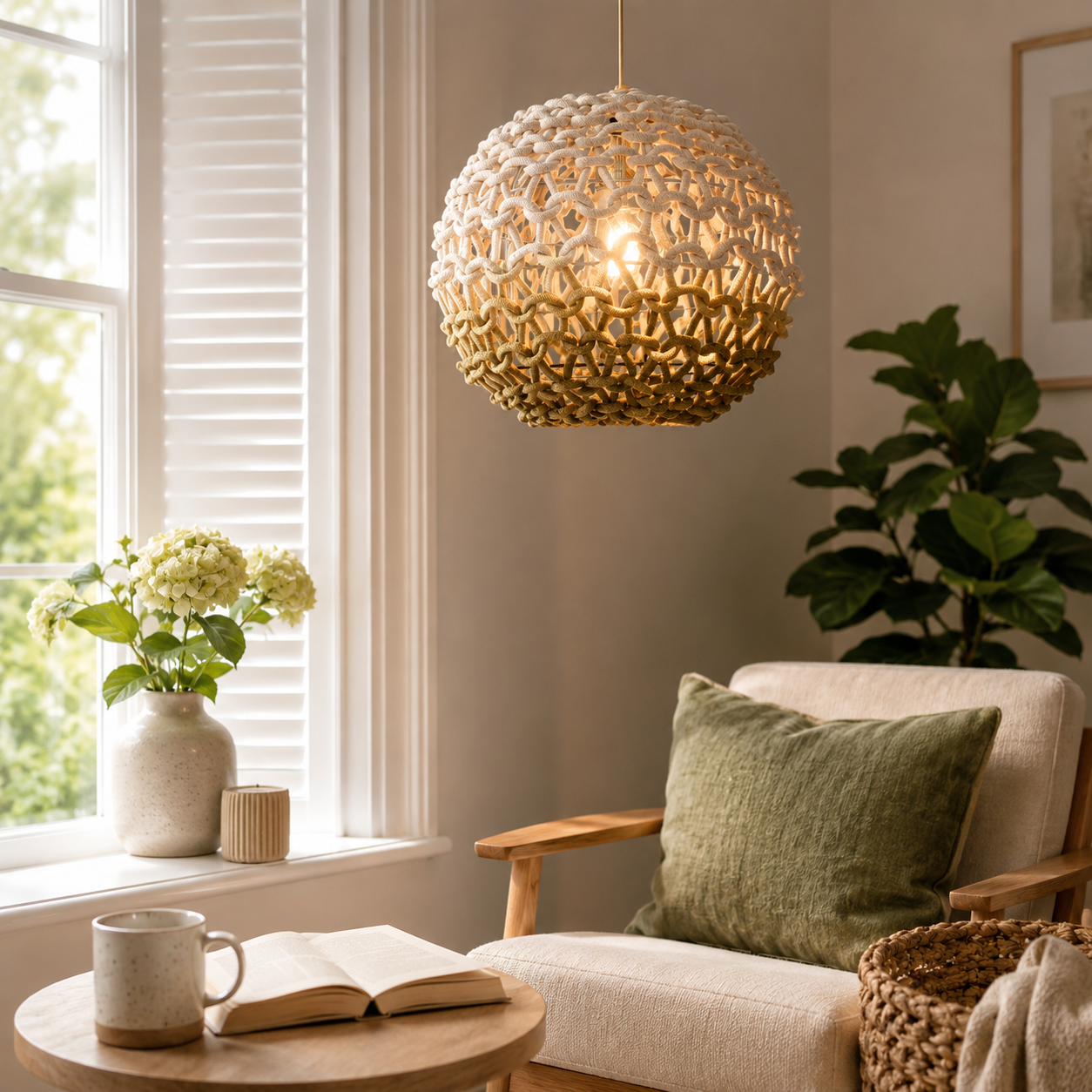 cotton rope globe pendant light above a bright dining table