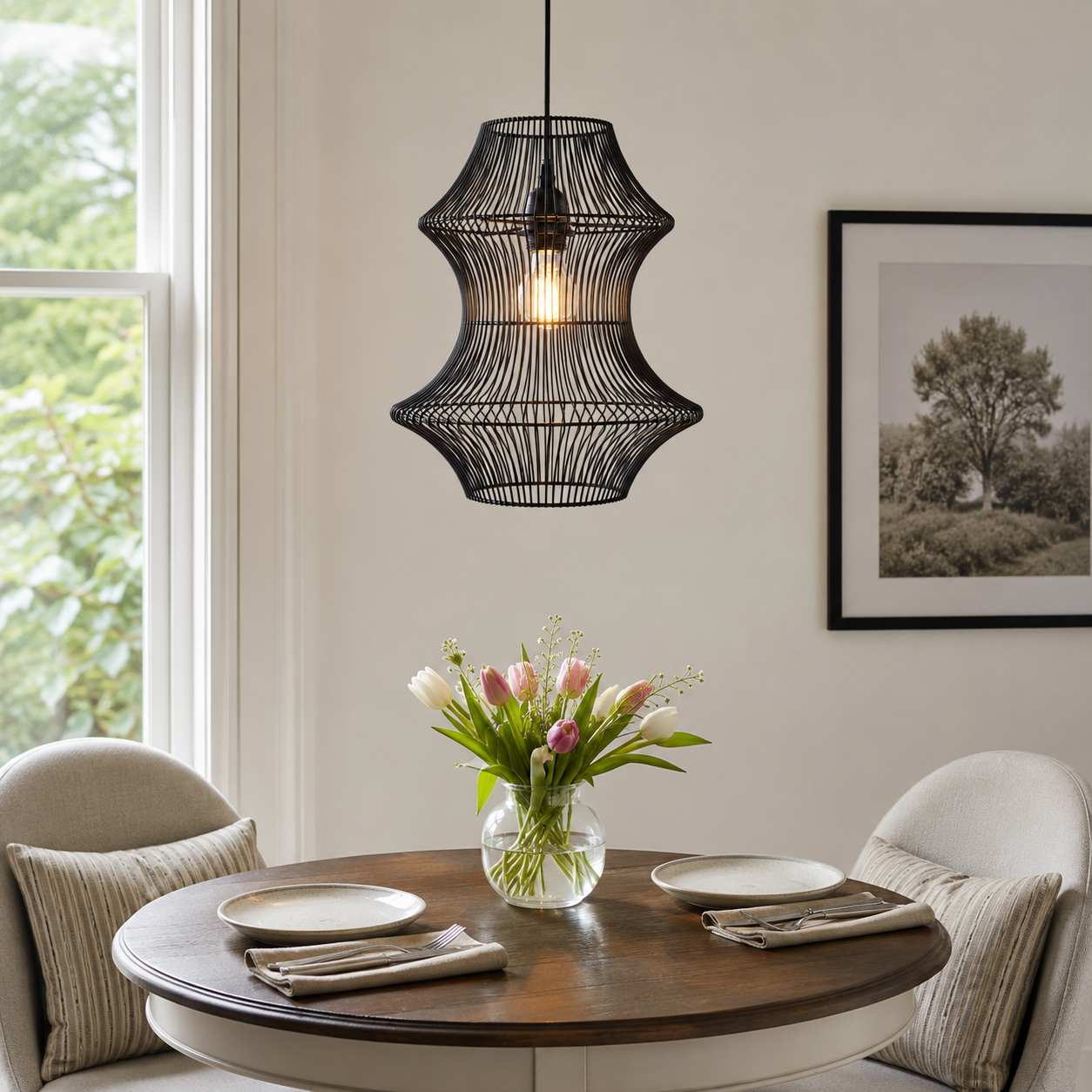 black rattan iron pendant light above a bright dining table