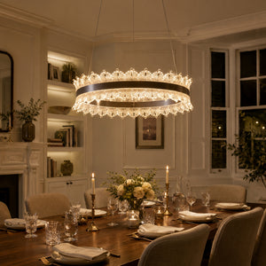 metal ring pendant light beside a bright window