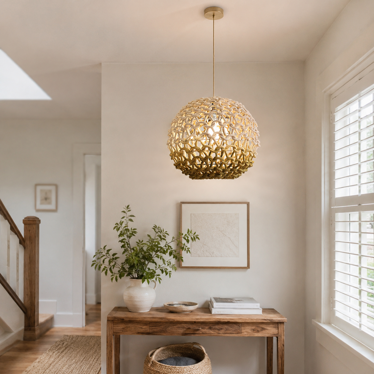 cotton rope globe pendant light over a warm kitchen counter