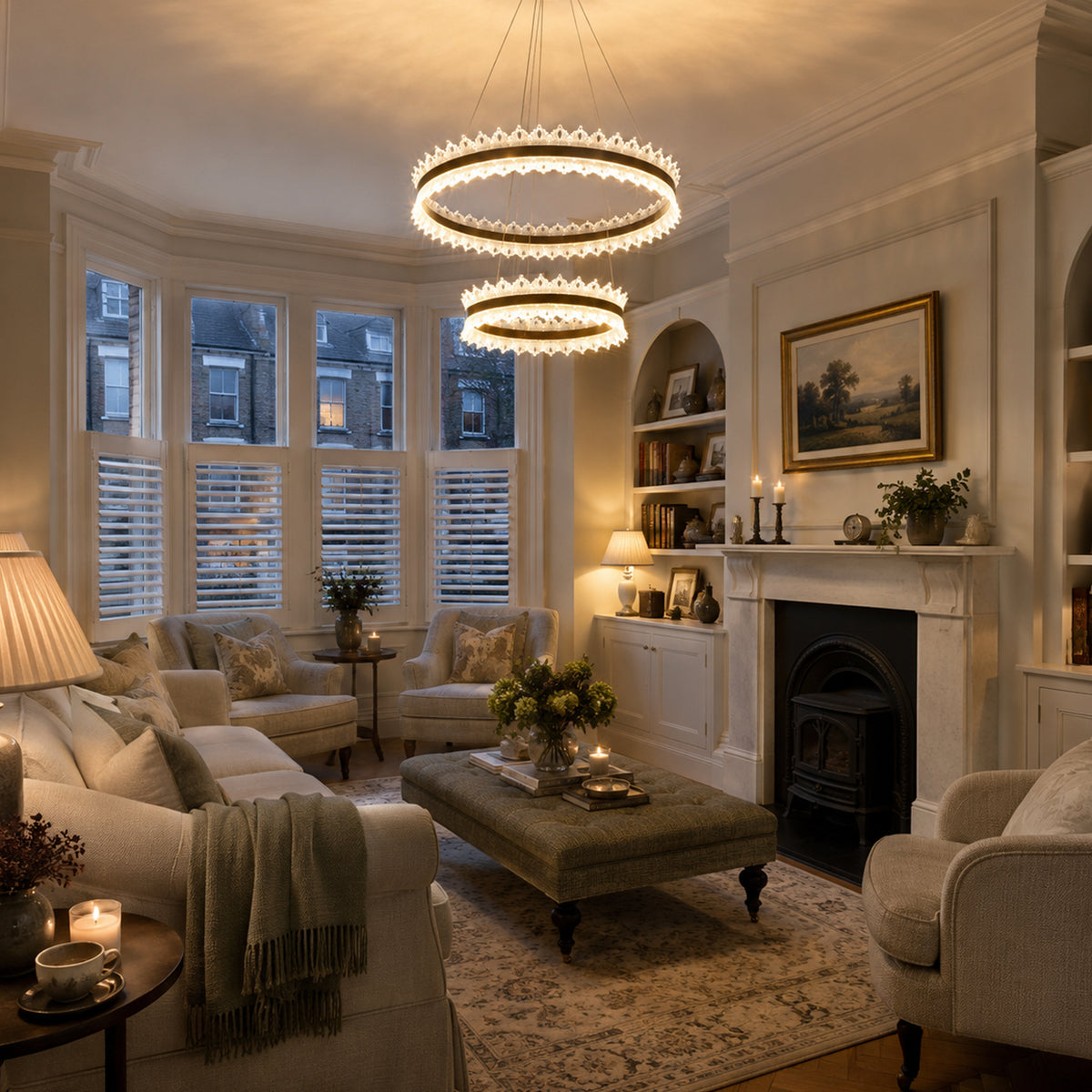 metal ring pendant light above a bright dining table