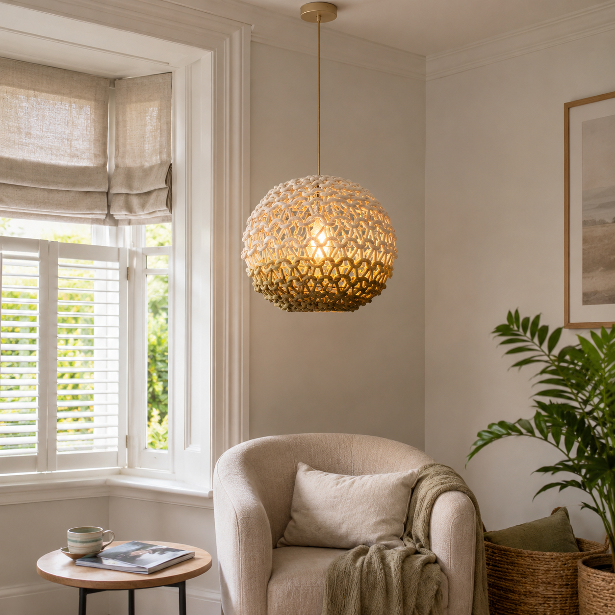 cotton rope globe pendant light in a sunlit breakfast nook
