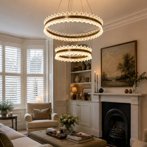metal ring pendant light over a warm kitchen counter