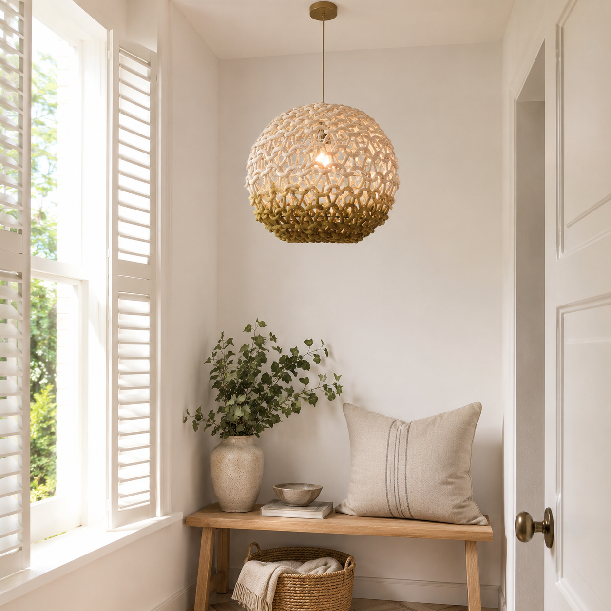 cotton rope globe pendant light beside a bright window