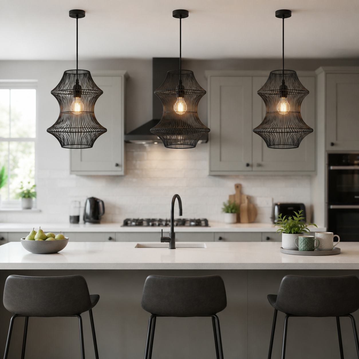 black rattan iron pendant light beside a bright window