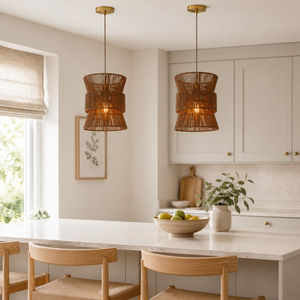 artisanal handwoven eco-friendly circular pendant light above a bright dining table