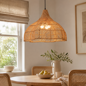 Umbrella-shaped bamboo rattan pendant above a kitchen table