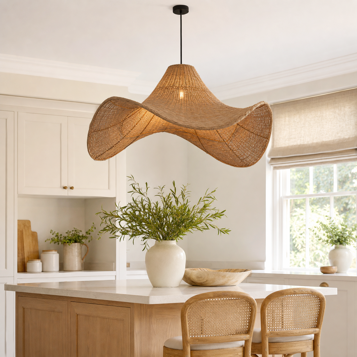 Hat-shaped rattan pendant over a bright kitchen dining table
