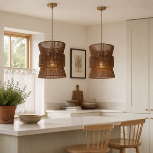 artisanal handwoven eco-friendly circular pendant light over a warm kitchen counter