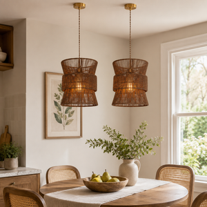 artisanal handwoven eco-friendly circular pendant light in a sunlit breakfast nook