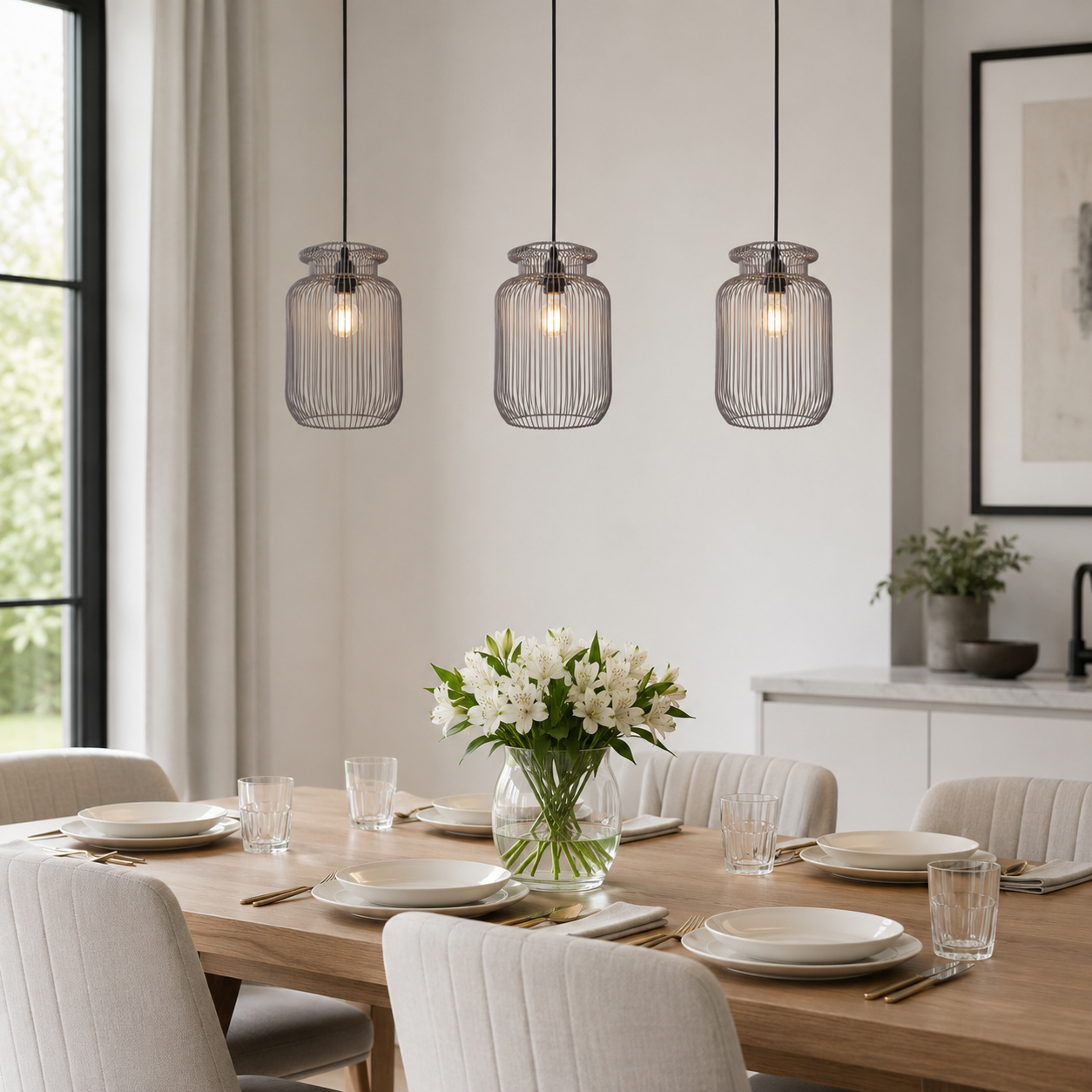 grey iron pendant light in a sunlit breakfast nook