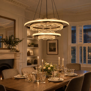 aluminium pendant light over a warm kitchen counter