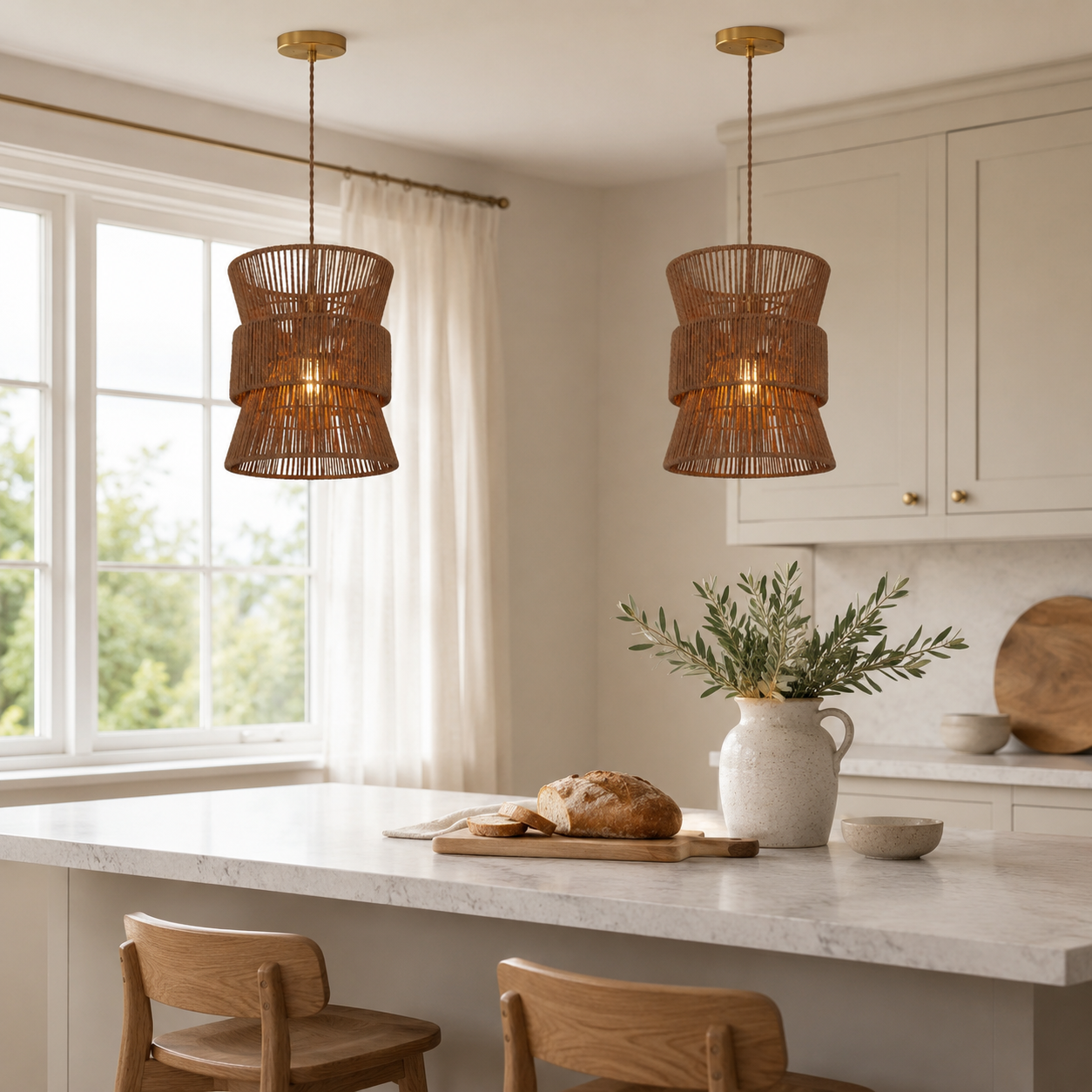 artisanal handwoven eco-friendly circular pendant light beside a bright window