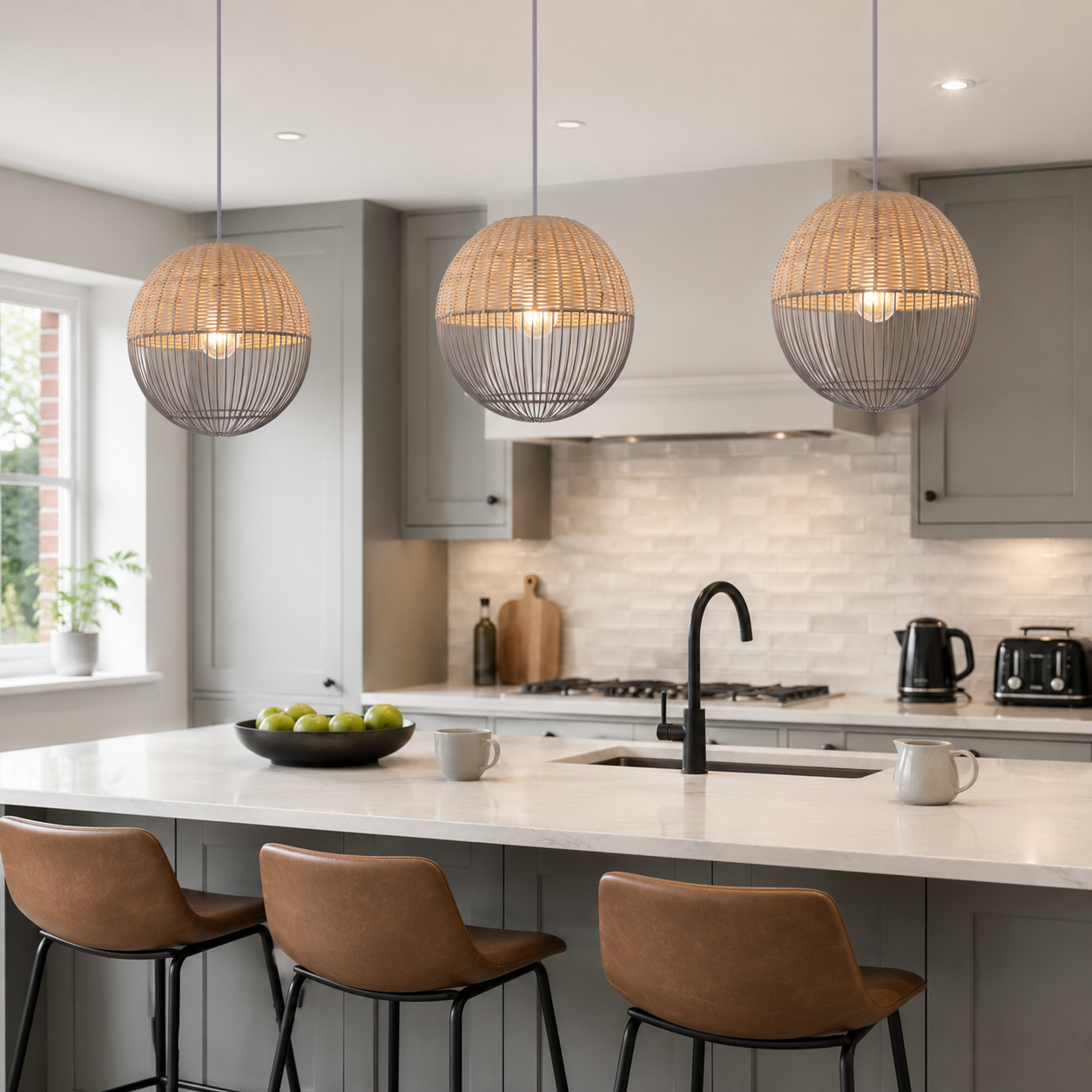 rattan iron globe pendant light over a warm kitchen counter