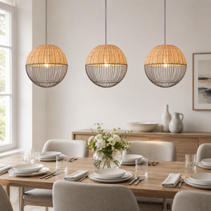 rattan iron globe pendant light in a sunlit breakfast nook