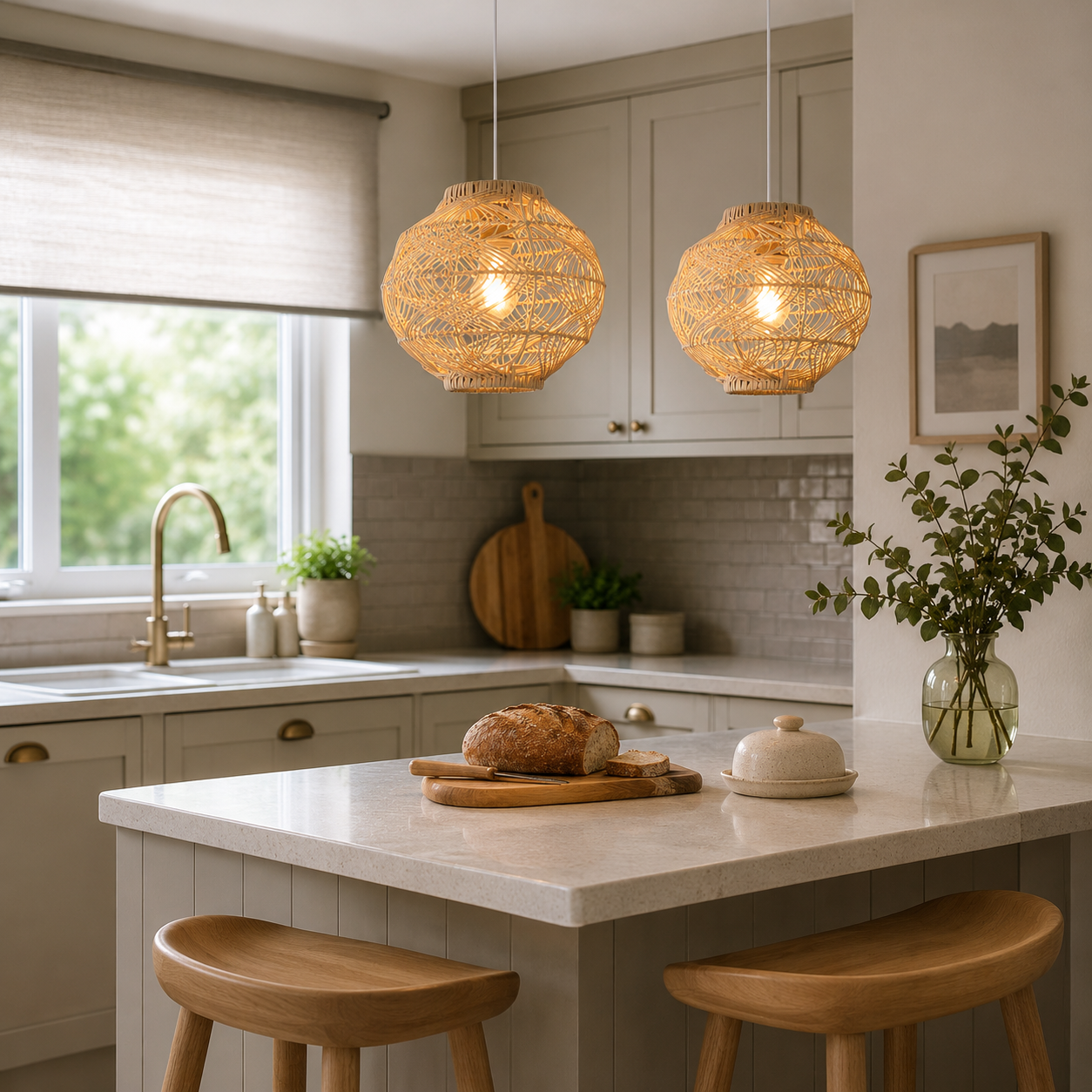 rattan pendant light in a sunlit breakfast nook