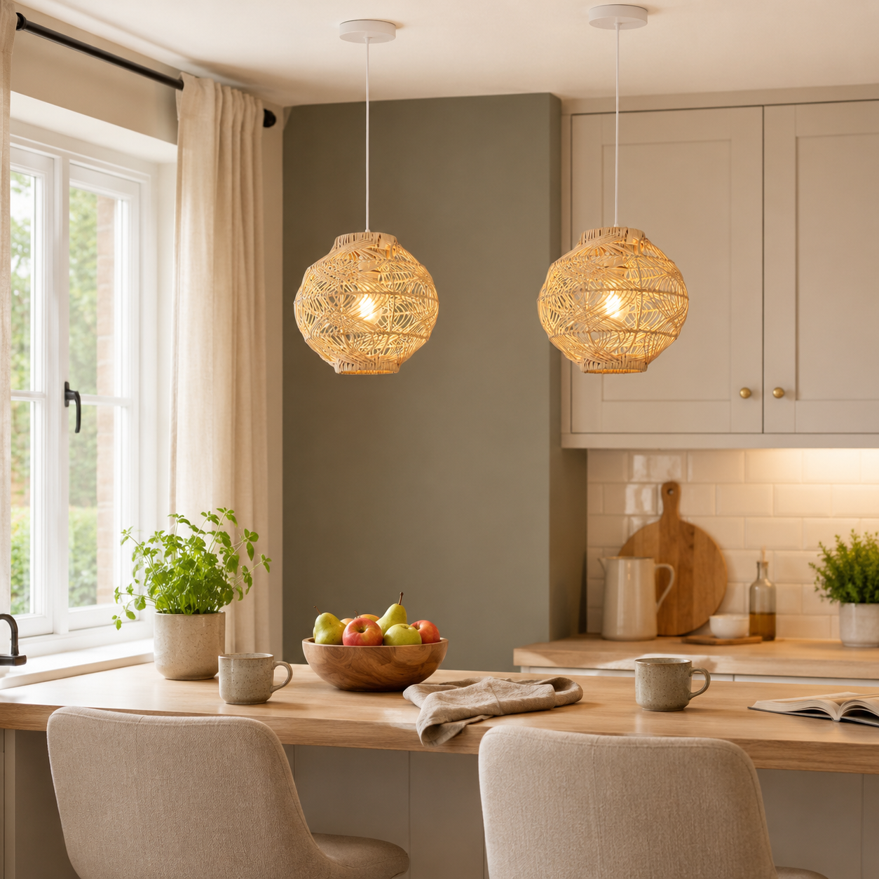 rattan pendant light beside a bright window