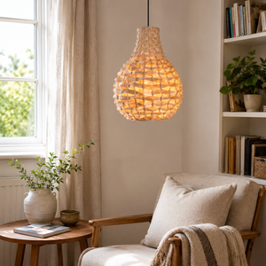 bamboo cone pendant light in a sunlit breakfast nook