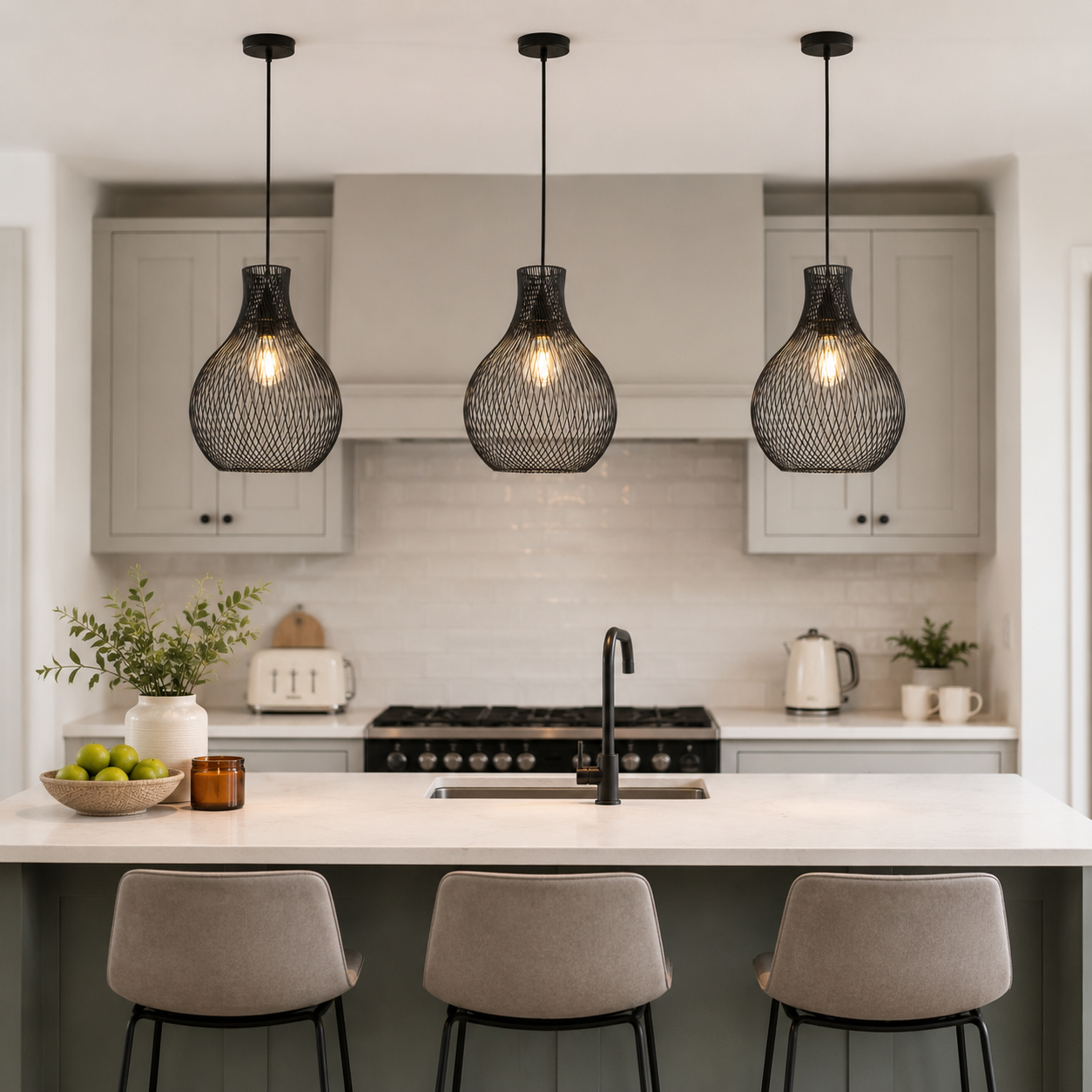 black iron pendant light in a sunlit breakfast nook